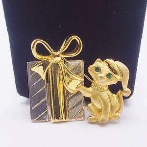 Danecraft Santa Cat Green Eyes Gift Holiday Gold Silver Brooch
